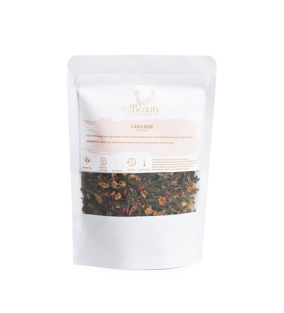 I am Love - Exquisite Green Tea Blend, with Rose Petals, Apple Pieces and Lychee Flavor - a Delightfully Refreshing and Romantic Tea Experience. 5 oz pouch.