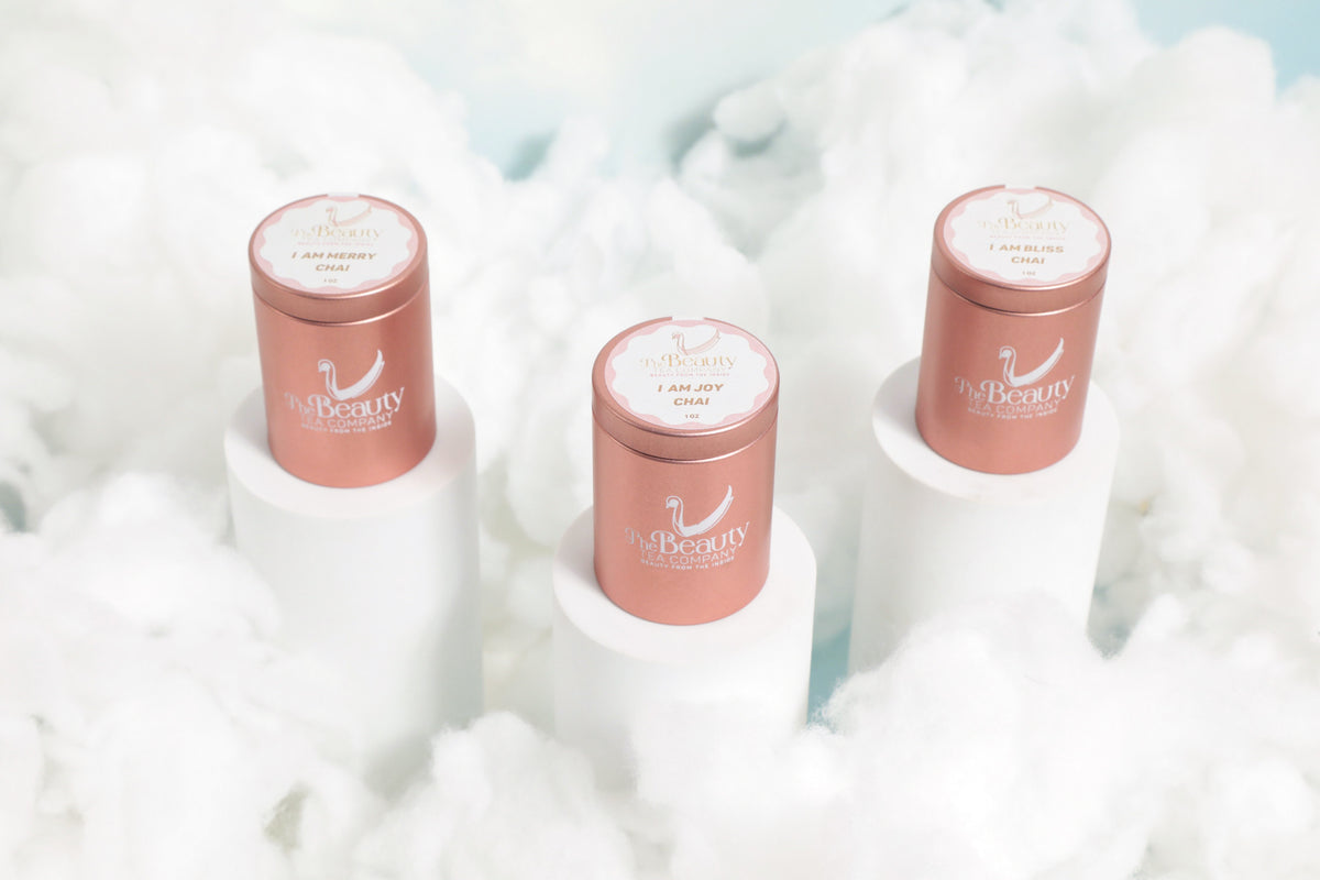 The Beauty Chai Box a curated selection of our most delightful blends: I am Joy, I am Bliss, and I am Merry.