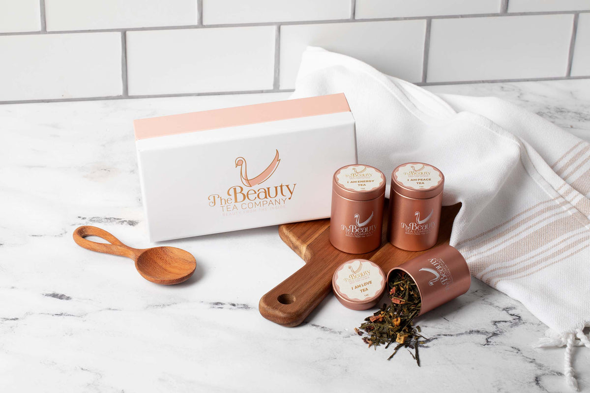 The Beauty Tea Box, a captivating assortment of our finest blends: I am Love, I am Peace, and I am Energy.